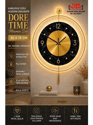 Aga Konsept Ledli Dore Time Mermer Seri Tiktok (Büyük Boy 50 x 75 Cm) Modern Dekoratif Metal Duvar Saati