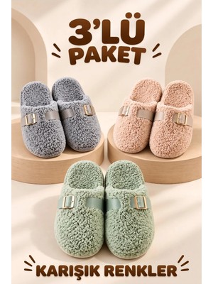 Nmoda 3’lü Avantajlı Paket Kışlık Peluş Desenli Sessiz Ortopedik Taban Çeyiz Misafir Ev Terliği Seti