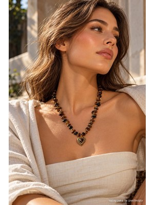 Solare Accessories Doğal Kaplan Gözü Taşlı Çelik Kalp Uçlu Kadın Kolye