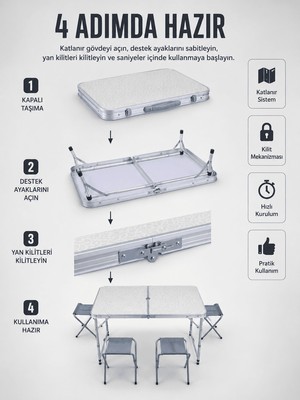 Meks Valiz Tipi Katlanabilir Piknik Masası 4 Tabureli Taşınabilir Kamp Masası