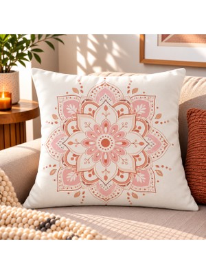 Fuens 43X43 cm Bohem Mandala ve Çiçek Desenli Dekoratif Kırlent Kılıfı – Pudra Pembe Modern Yastık Kırlent Kılıfı DB026