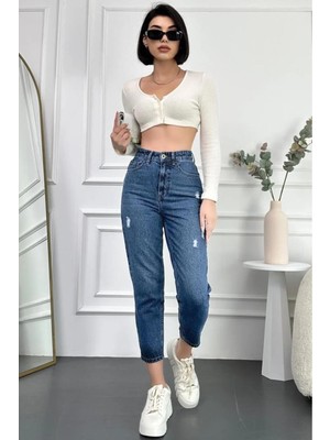 Hlt Jeans Kadın Mavi Yıpratmalı Boyfriend Yüksek Bel Likralı Jean Kot Pantolon MABEL-MAVİYPT