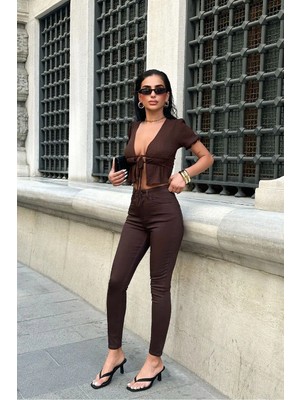Hlt Jeans Kadın Kahverengi Süper Skinny Fit Esnek Likralı Yüksek Bel Jean Kot Pantolon JENNİE-2006