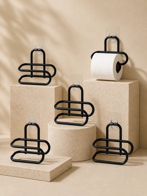 Str Store Siyah Metal Tuvalet Kağıdı Tutucu 5’li Set Yapışkanlı Duvar Tipi Banyo Wc Askısı