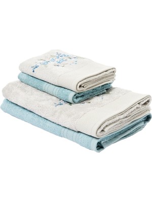 Str Store Mimosa Çiçekli%60 Pamuk%40 Viskoz Hamam Seti, Taş-Nil Mavisi, 2 Adet 70X150 Cm, 2 Adet 50X90 cm