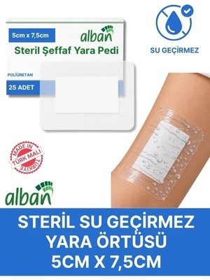 Alban Steril Şeffaf Yara Pedi, Poliüretan 5cmx7,5cm Pansuman Yara Örtüsü, Steril Tekli Paketlerde 25li Kutuda