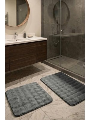 Toptan Budur 2'li Peluş Bubble Banyo Paspas Seti 60X100+50X60 cm Kaymaz Lateks Taban, Yumuşak Yüzey, Yıkanabi