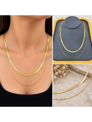 Fm 💎 Premium Parlak ve Şık Gold Renk İkili Zincir Kadın 316L Çelik Kolye (45 cm)