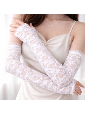 Str Store Uzun Zarif Dantel Eldiven Parmaksız Beyaz 35 cm