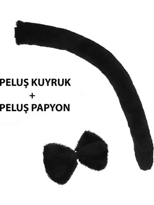 Str Store Peluş Siyah Renk Kuyruk ve Papyon Yetişkin Çocuk Uyumlu