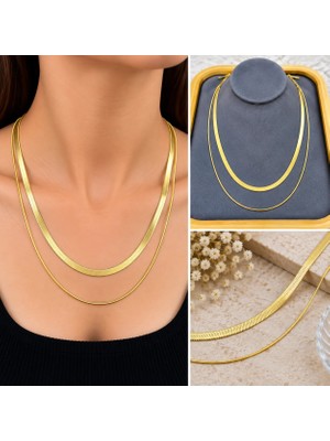 Fm 💎 Premium Parlak ve Şık Gold Renk İkili Yassı Zincir Kadın 316L Çelik Kolye (45 cm)