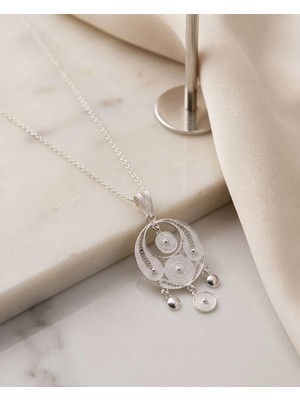 Arvenia Silver Top Sallantılı Yuvarlak Madalyon Spiral Telkari Kadın 925 Ayar Gümüş Kolye