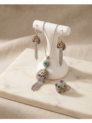 Arvenia Silver Vav Motifli Renkli Taşlı Kadın 925 Ayar Gümüş Kolye Küpe Yüzük Takı Seti