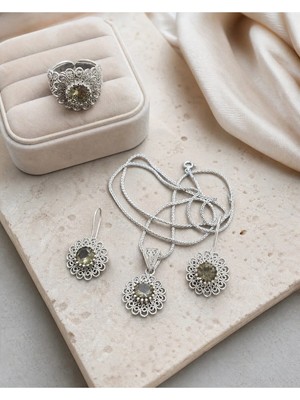 Arvenia Silver Telkari Çiçek Motifli Taşlı Kadın 925 Ayar Gümüş Kolye Küpe Yüzük Takı Seti