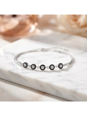 Arvenia Silver Siyah Beyaz Zirkon Taşlı Daire Motifli Ayarlanabilir Kadın 925 Ayar Gümüş Zincir Bileklik