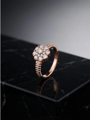 Arvenia Silver Çiçek Başlıklı Zirkon Taşlı Rose Gold Kaplama Kadın 925 Ayar Gümüş Yüzük