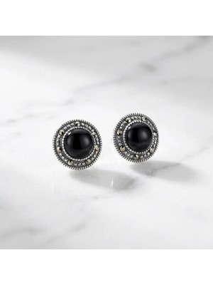 Arvenia Silver Siyah Oniks Taşlı Çift Sıra Çerçeveli Markazitli Kadın 925 Ayar Gümüş Çivili Küpe