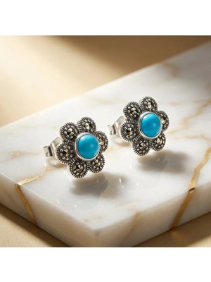 Arvenia Silver Papatya Motifli Turkuaz Taşlı Markazitli Vintage Kadın 925 Ayar Gümüş Çivili Küpe