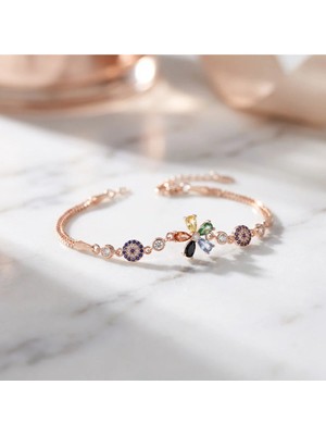 Arvenia Silver Çiçek Nazar Motifli Renkli Zirkon Taşlı Rose Gold Kadın 925 Ayar Gümüş Bileklik