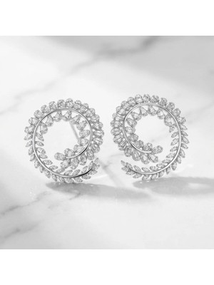 Arvenia Silver Sarmaşık Yaprak Motifli Spiral Baget Taşlı Kadın 925 Ayar Gümüş Çivili Küpe