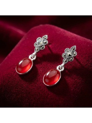 Arvenia Silver Yonca Motifli Kırmızı Akik Taşlı Markazitli Vintage Kadın 925 Ayar Gümüş Sallantılı Küpe
