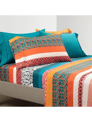Str Store Boho Çizgili Yumuşak Çarşaf 6 Parça Set, Kraliçe, Turkuaz ve Mandalina