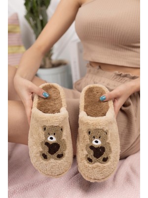 Nmoda Kadın Ayıcık Nakışlı Peluş Ev Terliği Kapalı Burun Arkası Açık Yumuşak Sıcak Kışlık Konforlu Pandufu