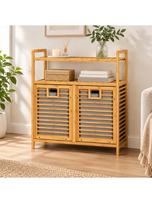 Str Store Bambu Kirli Çamaşır Sepeti 2 Bölmeli 2 Kat Organizer 80X33X87 cm