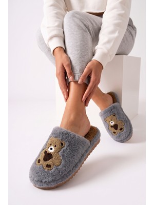 Nmoda Kadın Ayıcık Nakışlı Peluş Ev Terliği Kapalı Burun Arkası Açık Yumuşak Sıcak Kışlık Konforlu Pandufu