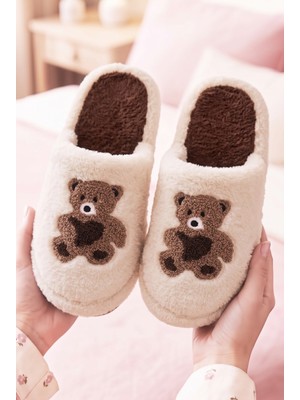 Nmoda Kadın Ayıcık Nakışlı Peluş Ev Terliği Kapalı Burun Arkası Açık Yumuşak Sıcak Kışlık Konforlu Pandufu