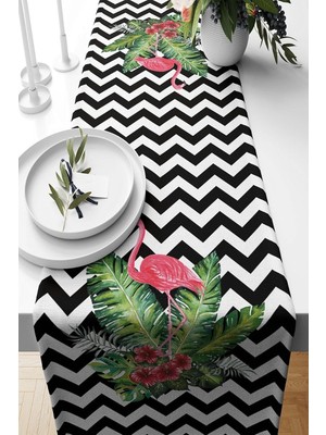 Str Store Pelangi Zigzag Geometrik Desenli ve Flamingo Leke Tutmaz Kumaş Salon Mutfak Masa Değişik Modelleri Runner, Siyah-Beyaz-Yeşil 40 x 140