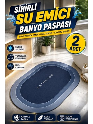 2 Adet Sihirli Su Emici Esnek Diatom Oval Süper Su Emici Banyo Paspası Abdest Paspası 40X60