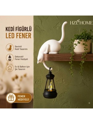 Kedi Figürlü LED Fenerli Dekoratör Biblo 24 cm Ev ve Balkon Için Dekoratif Masa Üstü Aydınlatma