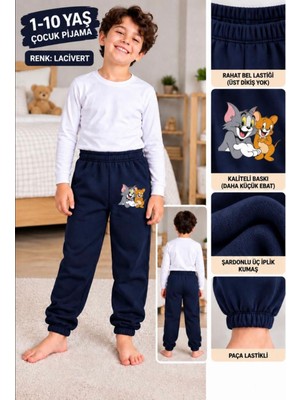 Tpn Kids Çocuk Lacivert Tom ve Jerry Baskılı Üç Iplik Şardonlu Eşofman Altı / Pijama Altı