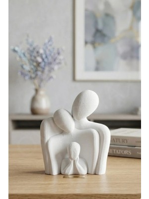 Minimalist Aile Biblosu – Modern Dekoratif Anne Baba Çocuk Heykeli (Beyaz)