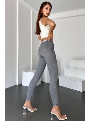 Hlt Jeans Gri Kadın Skinny Fit Jean Yüksek Bel Likralı Esnek Kot Pantolon JENNİE-GRİ