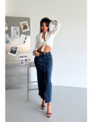 Hlt Jeans Kadın Koyu Mavi Regular Fit Yırtmaçlı Likralı Denim Maxi Boy Kot Etek MERRY-4095