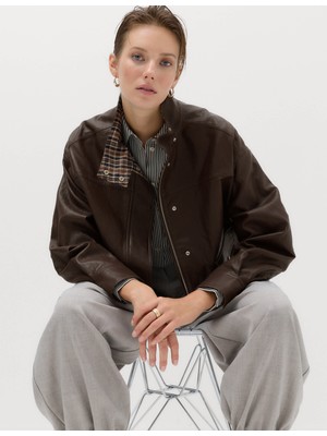 Marks & Spencer Ekose Desenli Suni Deri Bomber Ceket
