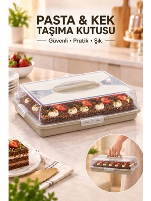 Dikdörtgen Pasta Kek Taşıma Kutusu Kapaklı Kilitli Saplı Kek Fanusu Saklama Kabı