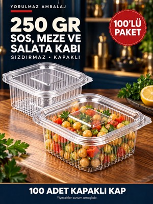 Yorulmaz Ambalaj 250 gr Sızdırmaz Kapaklı Sos, Meze ve Salata Kabı 100’LÜ – Şeffaf Kare Kap