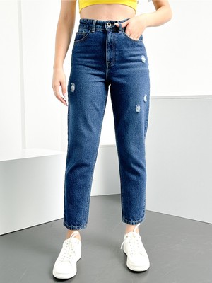 Hlt Jeans Mavi Yıpratma Kadın Likralı Mom Jean Yüksek Bel Esnek Kot Pantolon ANNA-MAVİYPT