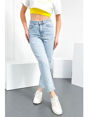 Hlt Jeans Yıpratmalı Mavi Kar Kadın Mom Jean Yüksek Bel Likrasız %100 Pamuk Kot Pantolon ANNA-2075