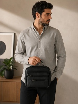 E&D Butik Moda Hakiki Kuzu Derisi Erkek El Çantası Siyah Çok Bölmeli Portföy Çanta