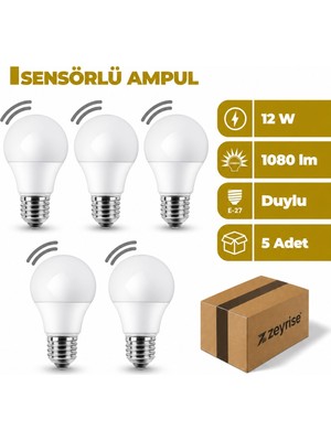Zeyrise 12W Sensörlü LED Ampul 6500K Beyaz Işık 5'li Paket