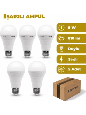 Zeyrise 9W Şarjlı LED Ampul 6500K Beyaz Işık 5'li Paket