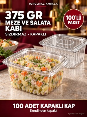 Yorulmaz Ambalaj 375 gr Sızdırmaz Kapaklı Meze ve Salata Kabı 100’LÜ – Şeffaf Kare Şarküteri Kabı
