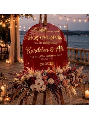 Evlilik Sepetim Bordo Akrilik Düğün Karşılama Panosu | 50X80 cm Gold Yazılı Nikah Tabelası Büyük Boy Şovale Hediyeli