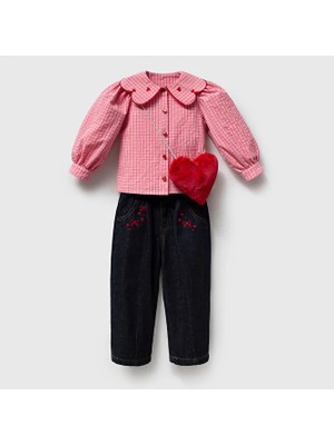 ministok Lovely Kalp Yaka Gömlek Baloon Jean Pantolon Çanta Aksesuarlı 3'lü Kız Çocuk Takım