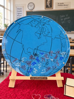Evlilik Sepetim Öğretmenler Gününe Özel Dünya Haritalı Pleksi Mdf Yuvarlak Hatıra Anı Kutusu (50CM) Kalem ve Şövale Hediyeli