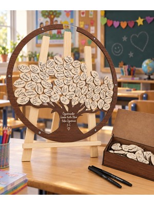 Evlilik Sepetim Öğretmenler Gününe Özel Yuvarlak Ceviz Hayat Ağacı Hatıra Anı Kutusu (50 CM) Ahşap Kalem ve Şövale Hediyeli
